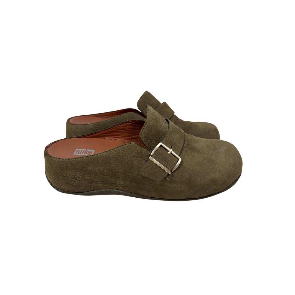 FitFlop Shuv Nubuck Clogs Womens 8 Olive Green Platform Slip On Buckle Strap